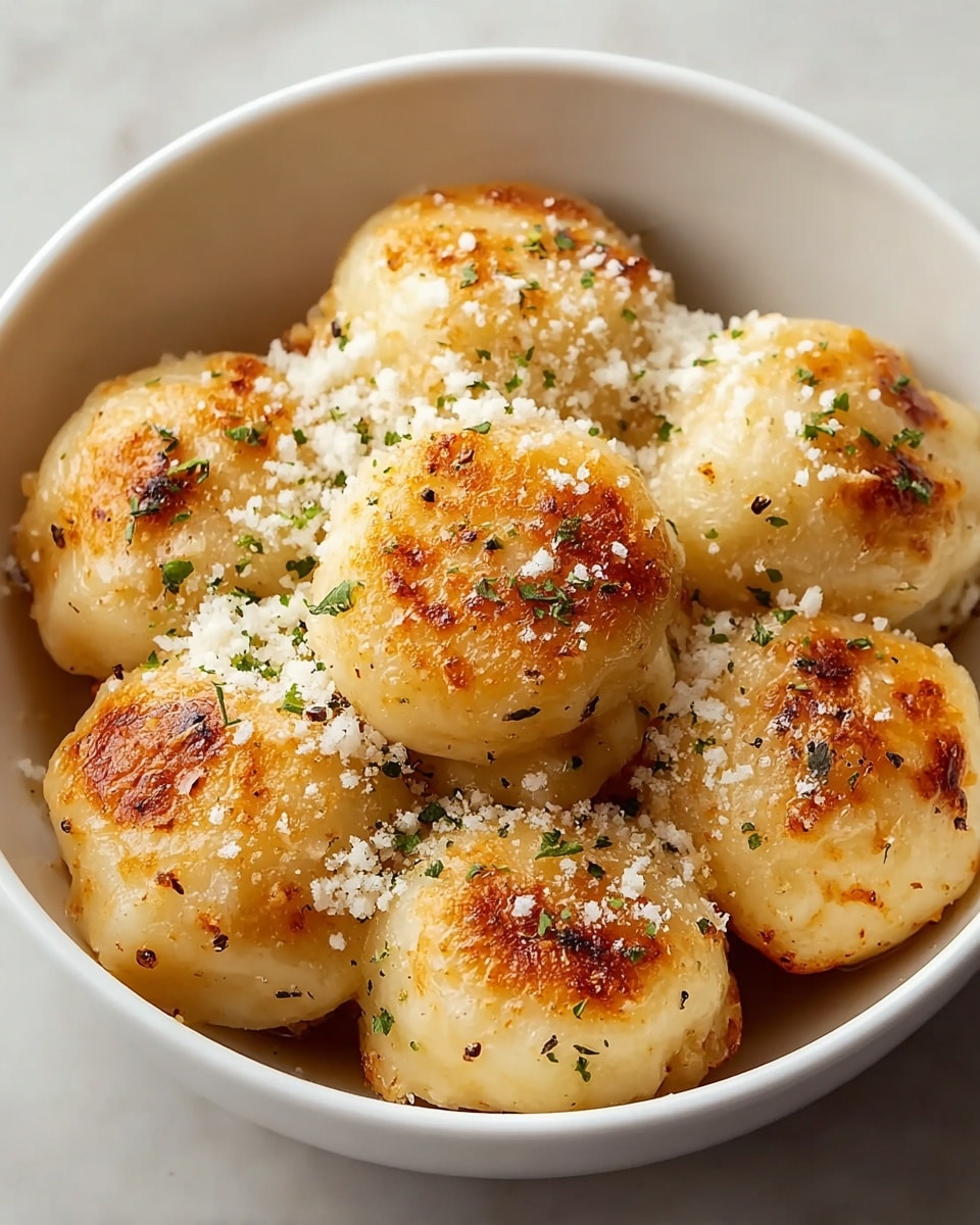 The image shows a white bowl filled with seven round, golden-brown cheese balls. Each cheese ball has a slightly crispy outer layer with light browning and is sprinkled with finely grated parmesan cheese and small bits of dried herbs. The texture looks crunchy on the outside and soft inside, with the cheese topping giving a powdery effect. The bowl sits on a plain background with a white marbled texture, and the scene is closely shot to highlight the cheese balls' details. Photo taken with an iphone --ar 4:5 --v 7