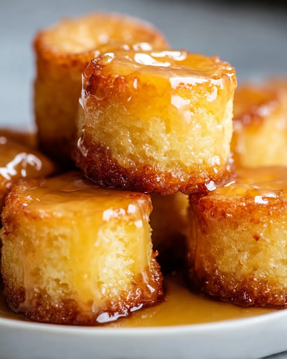 The image shows small round cakes stacked on top of each other, each with two clear layers: a golden-brown shiny caramelized top layer and a moist yellow cake layer below it with a slightly crumbly texture. The cakes have a glossy, sticky surface from the caramel coating that reflects light. The cakes are placed in a white bowl, with a white marbled texture in the background. The close-up view highlights the rich caramel glaze and the soft inside of the cakes. photo taken with an iphone --ar 4:5 --v 7