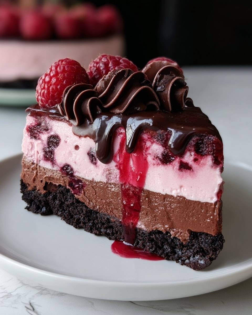 A close-up slice of a layered dessert on a white plate set against a white marbled texture shows four distinct layers: a crumbly dark chocolate cookie crust at the bottom, a thick pink creamy layer with visible berries, a thin bright red jelly layer, and a glossy dark chocolate topping dripping slightly down the sides. On top, there are whole fresh raspberries and a swirl of rich dark chocolate cream, with a small amount of chocolate sauce drizzled over the raspberries. In the background, the rest of the dessert is blurred but visible, keeping the focus on the slice. Photo taken with an iphone --ar 4:5 --v 7