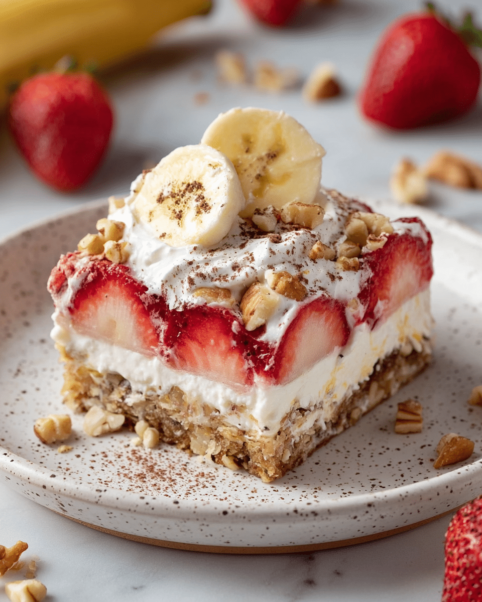 A square slice of layered dessert sits on a white plate with a speckled brown rim, placed on a white marbled surface. The dessert has four visible layers: the bottom layer is a crumbly, light brown crust with chunks of banana embedded in it; above that is a thick, creamy white layer mixed with pieces of banana; the third layer features bright red sliced strawberries pressed into a glossy white cream; the top layer is chopped nuts sprinkled over the cream, giving a crunchy texture. On top, there is a dollop of white whipped cream garnished with two round banana slices slightly dusted with cinnamon or cocoa powder. Photo taken with an iphone --ar 4:5 --v 7