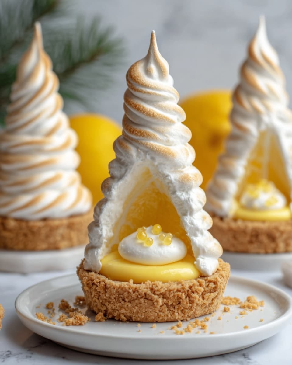 A white plate on a white marbled surface holds a tall, layered dessert. The bottom layer looks like a crumbly crust in light brown. Above it is a smooth, thick layer of white cream. Inside this cream layer, there is a bright yellow, glossy filling visible in the middle. On top of the cream, there are many swirled dollops of pale beige cream stacked high to form a pointed cone shape, with a small drizzle of the yellow filling on the top parts. In the background, more of the same desserts stand on white cake stands, all on the white marbled surface. Photo taken with an iphone --ar 4:5 --v 7