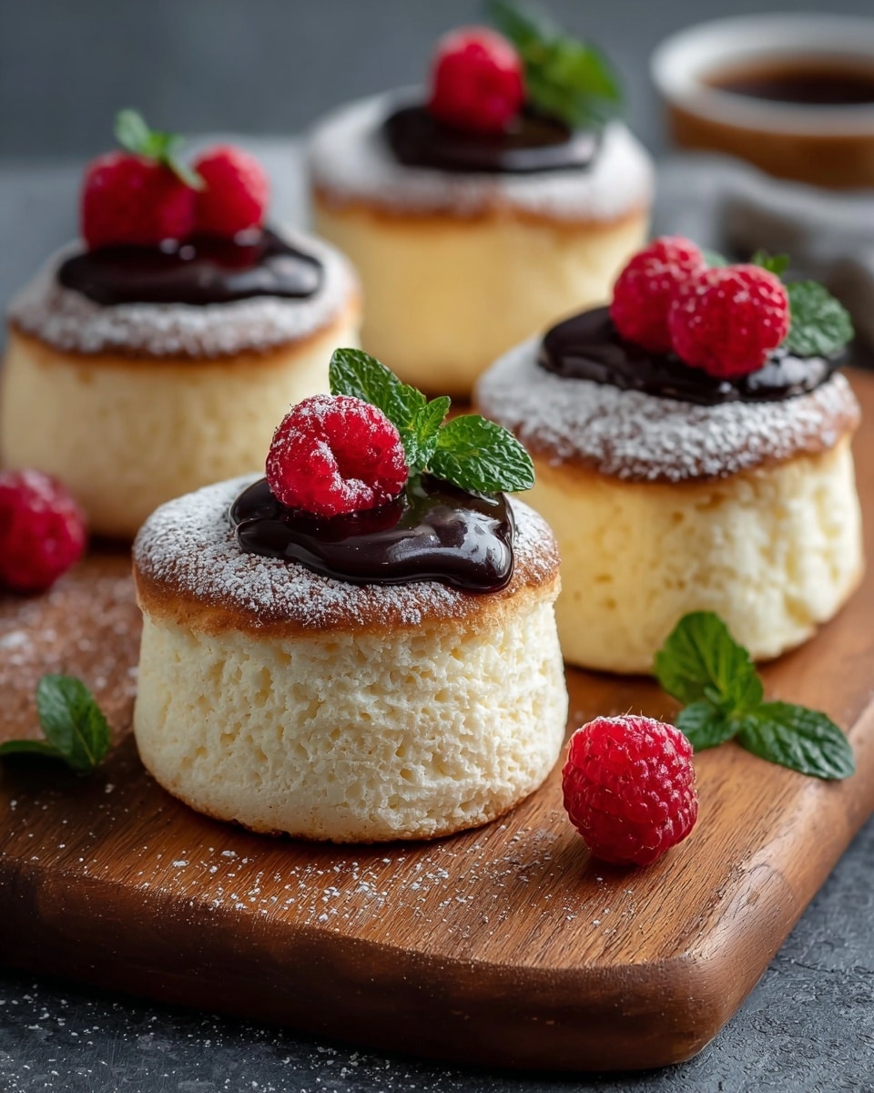 There are four fluffy, light yellow soufflés with a slightly browned top layer, each topped with a shiny dark chocolate sauce spread in a circular shape. On top of each soufflé, there are two bright red raspberries and a fresh green mint sprig. The tops of the soufflés have a light dusting of white powdered sugar. One extra raspberry is placed on the wooden board where the soufflés sit, and the background has a soft, blurred brown cup and a white marbled texture beneath the board. Photo taken with an iphone --ar 4:5 --v 7