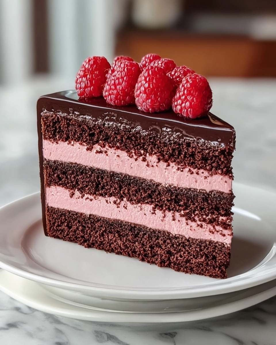 A slice of cake on a white plate with a white marbled background, showing three dark brown chocolate sponge layers alternating with two thick pink cream layers. The top layer is a smooth, glossy dark chocolate ganache, decorated with a cluster of bright red raspberries sitting neatly on top. The cake texture looks soft and moist, and the cream appears smooth and fluffy. Photo taken with an iphone --ar 4:5 --v 7