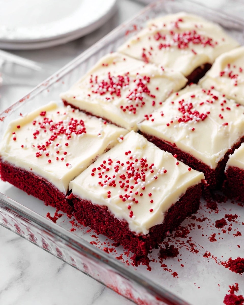 The image shows a glass baking dish placed on a white marbled surface, containing nine square pieces of red velvet cake with a thick layer of creamy white frosting on top. The cake layer is rich and deep red, contrasting with the smooth, slightly wavy frosting layer above it, which is decorated with small, round red sprinkles scattered evenly across the surface. One piece of cake in the corner is partially lifted, showing the moist texture of the red cake beneath the frosting. The edges of the baking dish show some light brown baked marks. Photo taken with an iphone --ar 4:5 --v 7