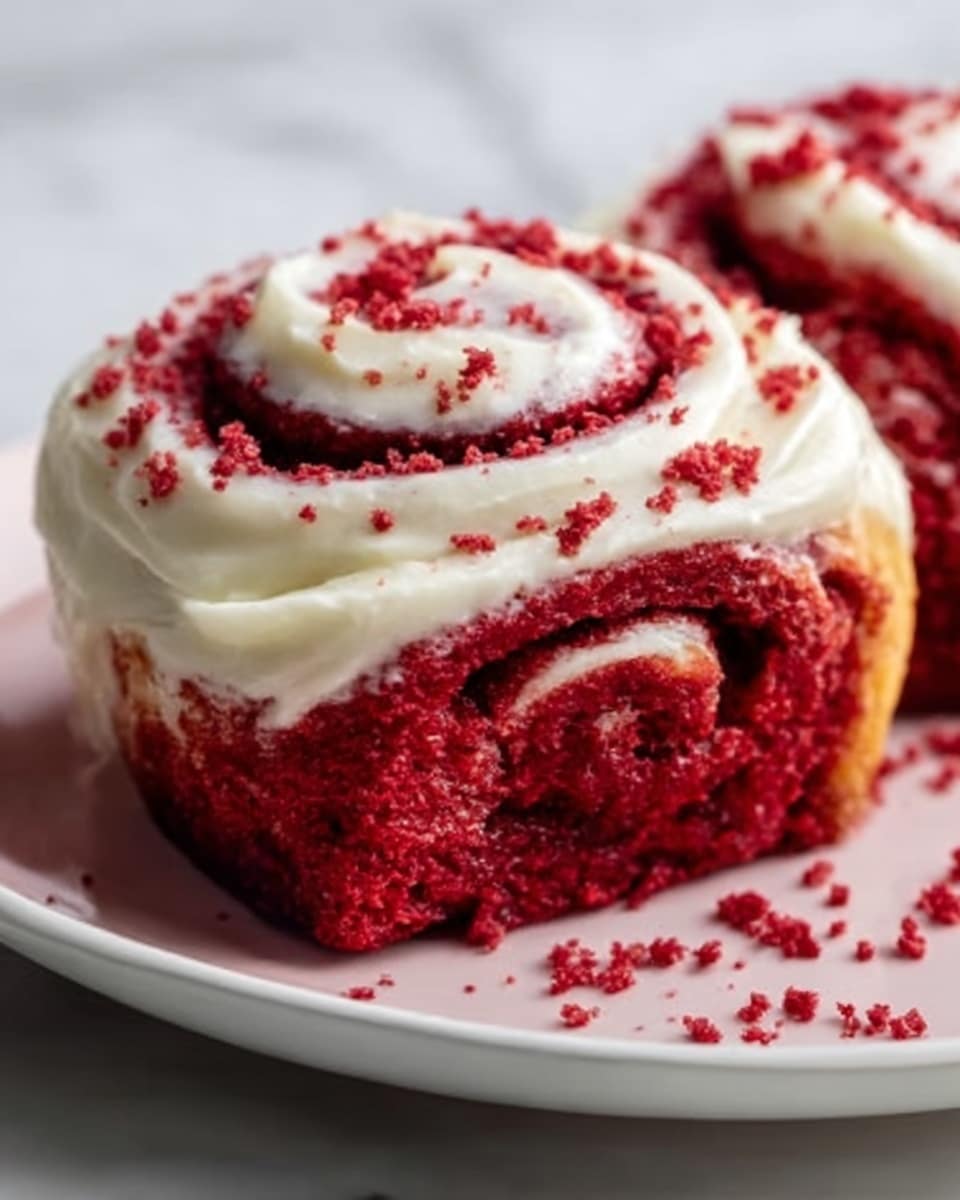 A close-up image of a single red velvet cinnamon roll placed on a white plate, topped with smooth white cream cheese frosting spread in a spiral shape following the roll's layers. Red crumbs are sprinkled on top of the frosting and scattered around the plate. The cinnamon roll has a soft, fluffy texture with a deep red color that contrasts with the creamy white frosting. The background shows a white marbled surface, emphasizing the vibrant colors of the roll. Photo taken with an iphone --ar 4:5 --v 7
