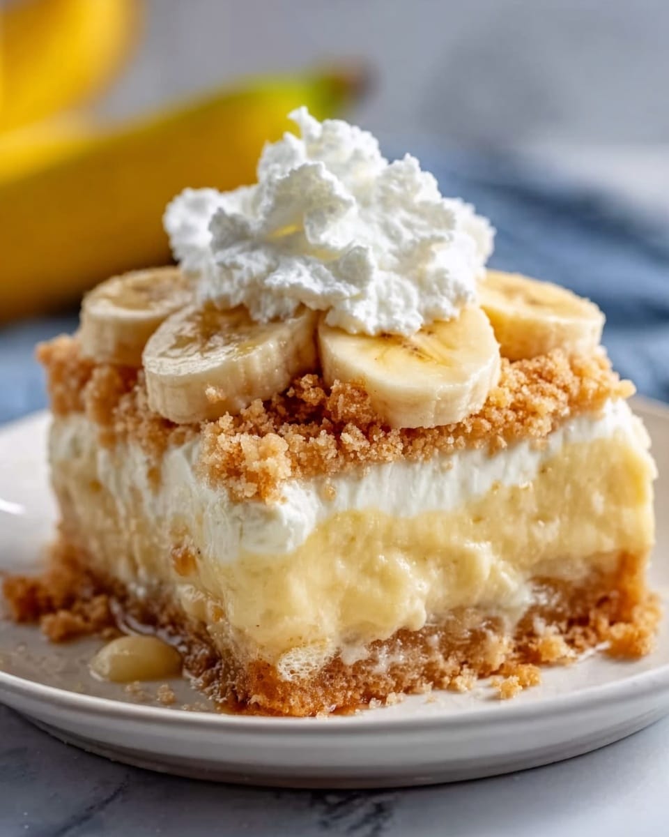 A slice of layered banana pudding dessert sits on a white plate, placed over a white marbled surface. The bottom layer is a golden crushed cookie or wafer crust, followed by a creamy pale yellow pudding filling. Sliced banana pieces are arranged evenly over the pudding layer, topped with more creamy pudding and a textured crumbly topping in a light brown shade. A swirl of white whipped cream rests neatly on the top center of the slice. The photo taken with an iphone --ar 4:5 --v 7