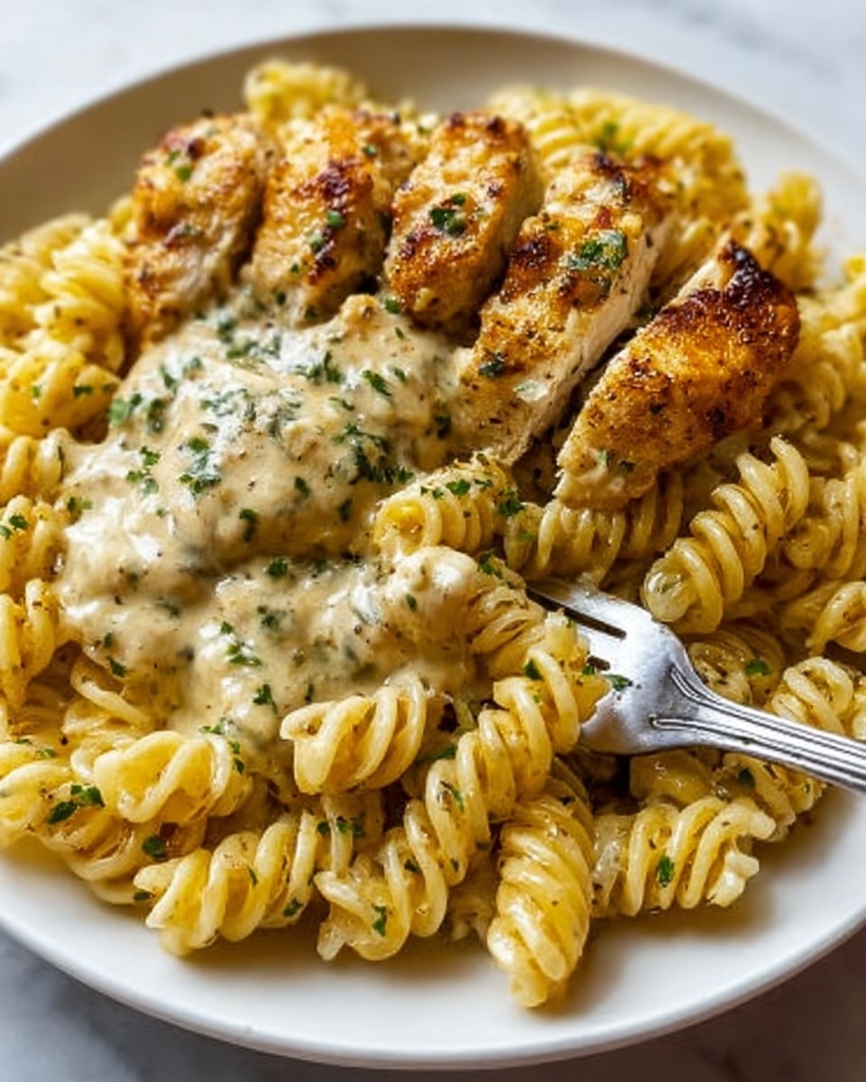 A close-up view of a white plate showing spiral pasta covered with creamy sauce. On top of the pasta, there are several pieces of grilled chicken with a golden brown color and crispy texture, sprinkled with chopped green herbs. The creamy sauce looks rich and coats the chicken and pasta evenly. A silver fork is visible on the plate, partly resting on the pasta. The background has a white marbled texture. Photo taken with an iphone --ar 4:5 --v 7