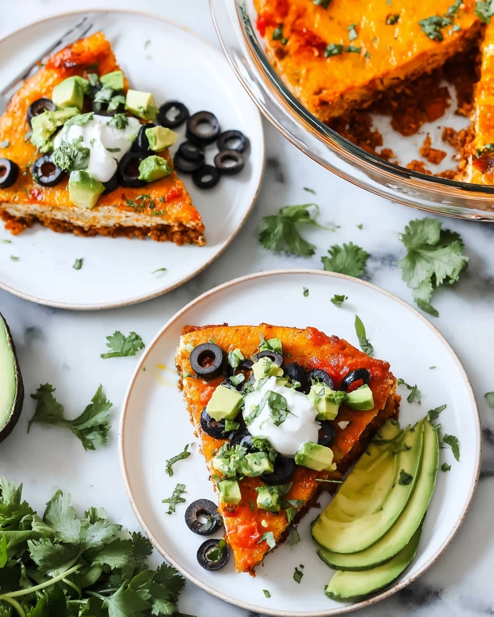 Two slices of orange cheesy baked dish are served on separate white plates on a white marbled texture surface. Each slice has a crisp edge and is topped with diced green avocado cubes and fresh chopped green cilantro. One slice is also topped with a dollop of white sour cream and several black olive slices, while the other slice is topped with chunky red salsa. Around the plates are additional green avocado slices and sprigs of fresh cilantro. The top edge of a larger white dish filled with the same orange baked dish is partly visible near the top of the image. photo taken with an iphone --ar 4:5 --v 7