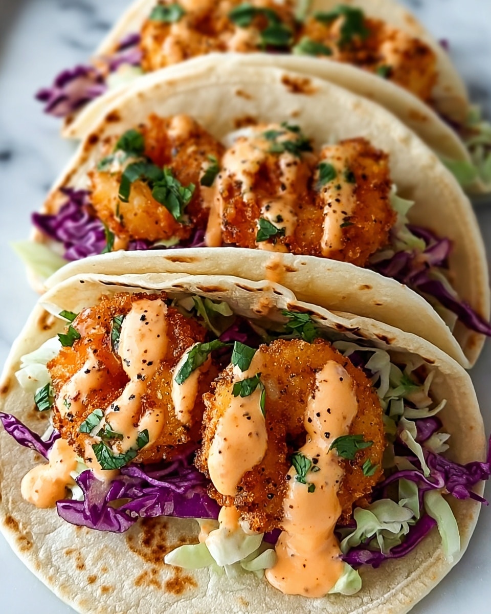 Two shrimp tacos are shown on a white plate with a white marbled texture background. Each taco has three layers of soft, light beige corn tortillas folded with visible char marks. Inside, the bottom layer has shredded green lettuce and shredded purple cabbage. On top of the vegetables, there are three large fried shrimp each with a golden crispy coating and a slightly orange tint. The shrimp are drizzled with a light pink creamy sauce, and small green cilantro leaves are scattered over the dish. Photo taken with an iphone --ar 4:5 --v 7