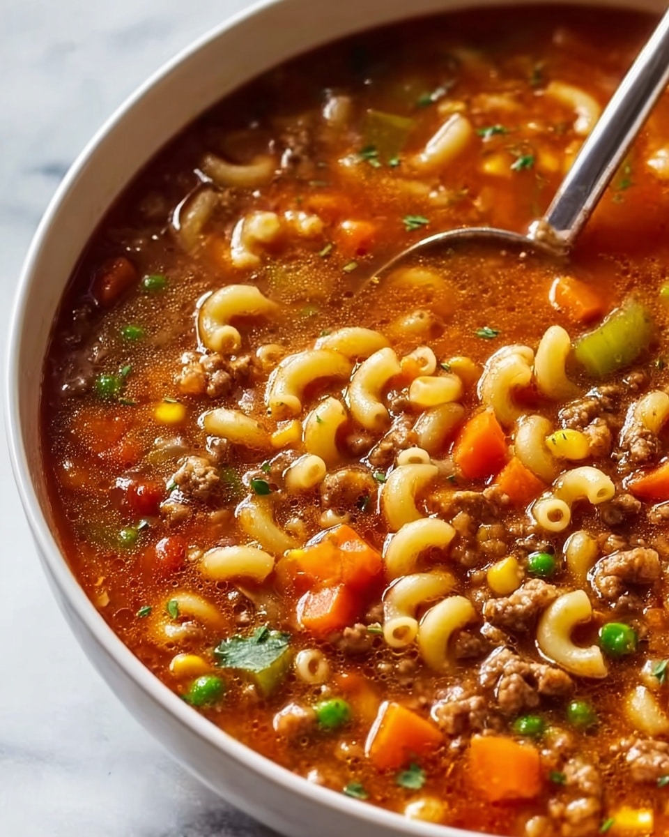 The image shows a close-up of a pot filled with thick soup. The soup has chunky layers, with a reddish-brown broth as the base. Floating in the broth are small elbow macaroni, bright orange carrot pieces, green peas, yellow corn kernels, celery slices, and bits of ground meat, all mixed together. Steam rises from the liquid, giving it a warm and fresh look. The pot sits on a white marbled surface, and there is a metal spoon inside the pot. The photo taken with an iphone --ar 4:5 --v 7