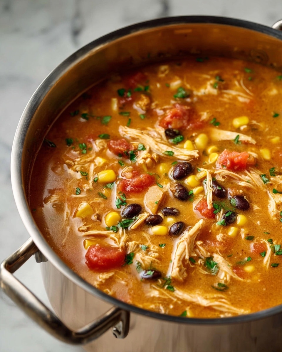 A close-up view of a large silver pot filled with a thick, orange-brown soup. The soup has visible shredded chicken pieces in light beige, black beans scattered throughout, yellow corn kernels, and chunks of red tomatoes. Small chopped green herbs are sprinkled on top, adding spots of green. The pot handle is shiny silver, and the pot sits on a white marbled surface. The soup looks creamy and well mixed, with a rich and hearty texture. photo taken with an iphone --ar 4:5 --v 7