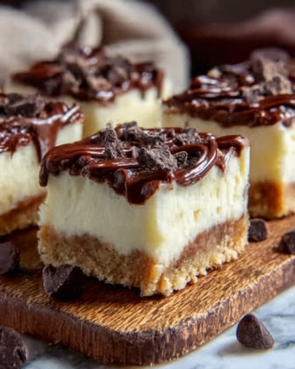 The image shows three square dessert bars placed on a white marbled surface, each with three distinct layers. The bottom layer is a crumbly, light brown crust that looks crunchy. The middle layer is thick and creamy, white in color, smooth in texture, and much taller than the crust layer. On top, there is a glossy dark chocolate drizzle that flows down the sides of the creamy layer, with small pieces of chocolate and what looks like crushed nuts scattered over it. The bars are sitting on a rustic wooden board, adding natural texture contrast. photo taken with an iphone --ar 4:5 --v 7