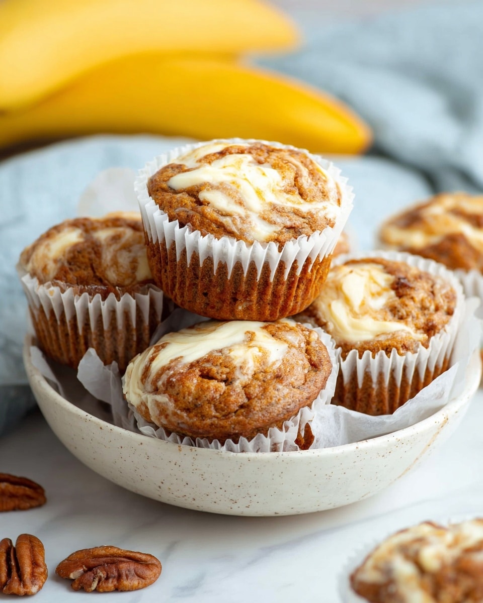 A bowl filled with several muffins, each with three layers: a golden brown base with a slightly rough texture, a white paper cup wrapper around the sides, and a creamy, swirled white topping with light brown spots on top. The muffins are placed inside a white speckled bowl set on a white marbled surface. Nearby, there are whole pecans scattered on the surface, and two yellow bananas are visible in the background. photo taken with an iphone --ar 4:5 --v 7