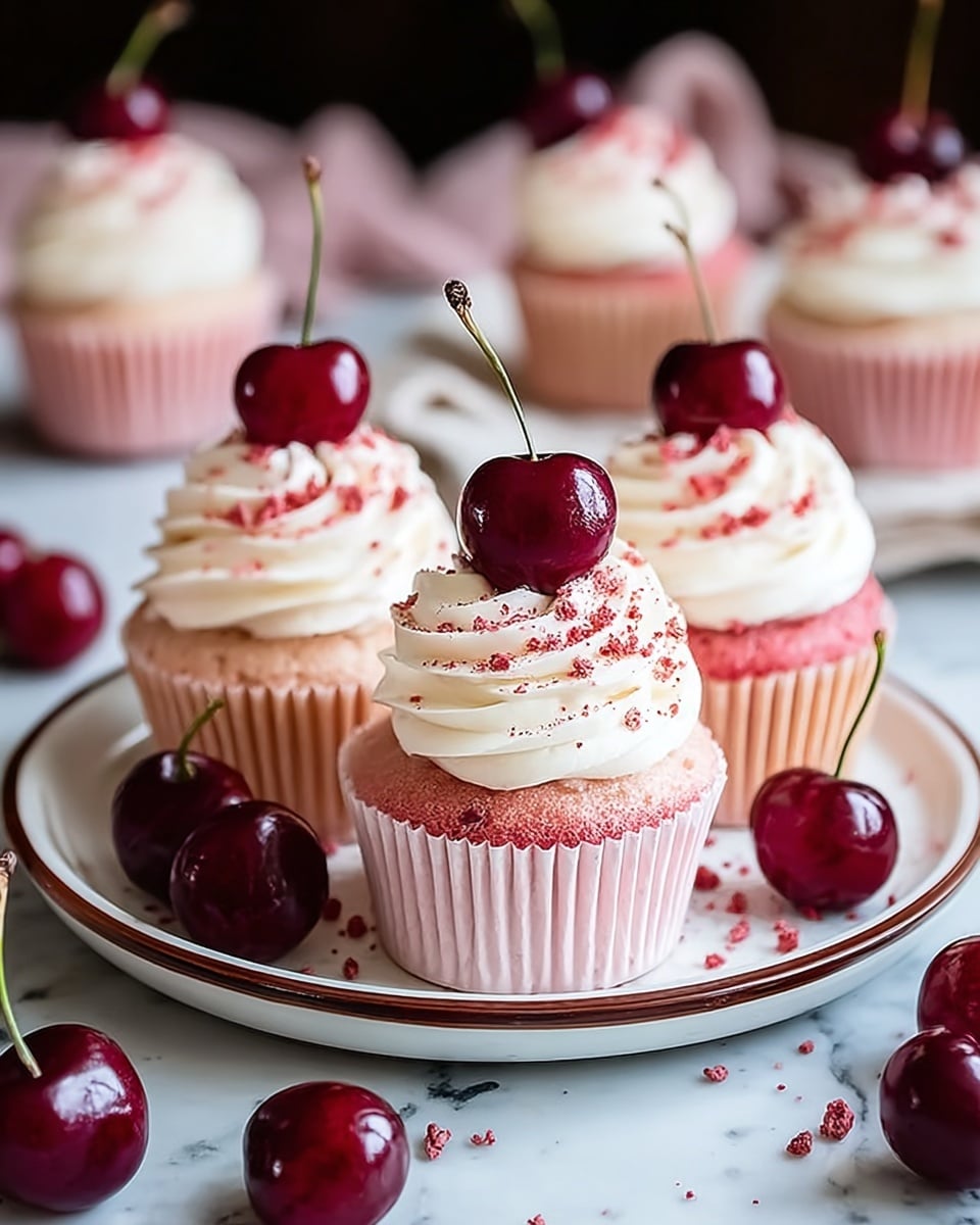 The image shows five light pink cupcakes in pink liners arranged on a round white plate with a brown rim. Each cupcake has a swirl of white creamy frosting on top, sprinkled with small red bits, and a shiny dark red cherry with green stem placed at the center of the frosting. Around the plate and on the white marbled textured surface, several dark red cherries scatter, adding contrast. The background is softly blurred with more cupcakes and cherries out of focus. Photo taken with an iphone --ar 4:5 --v 7