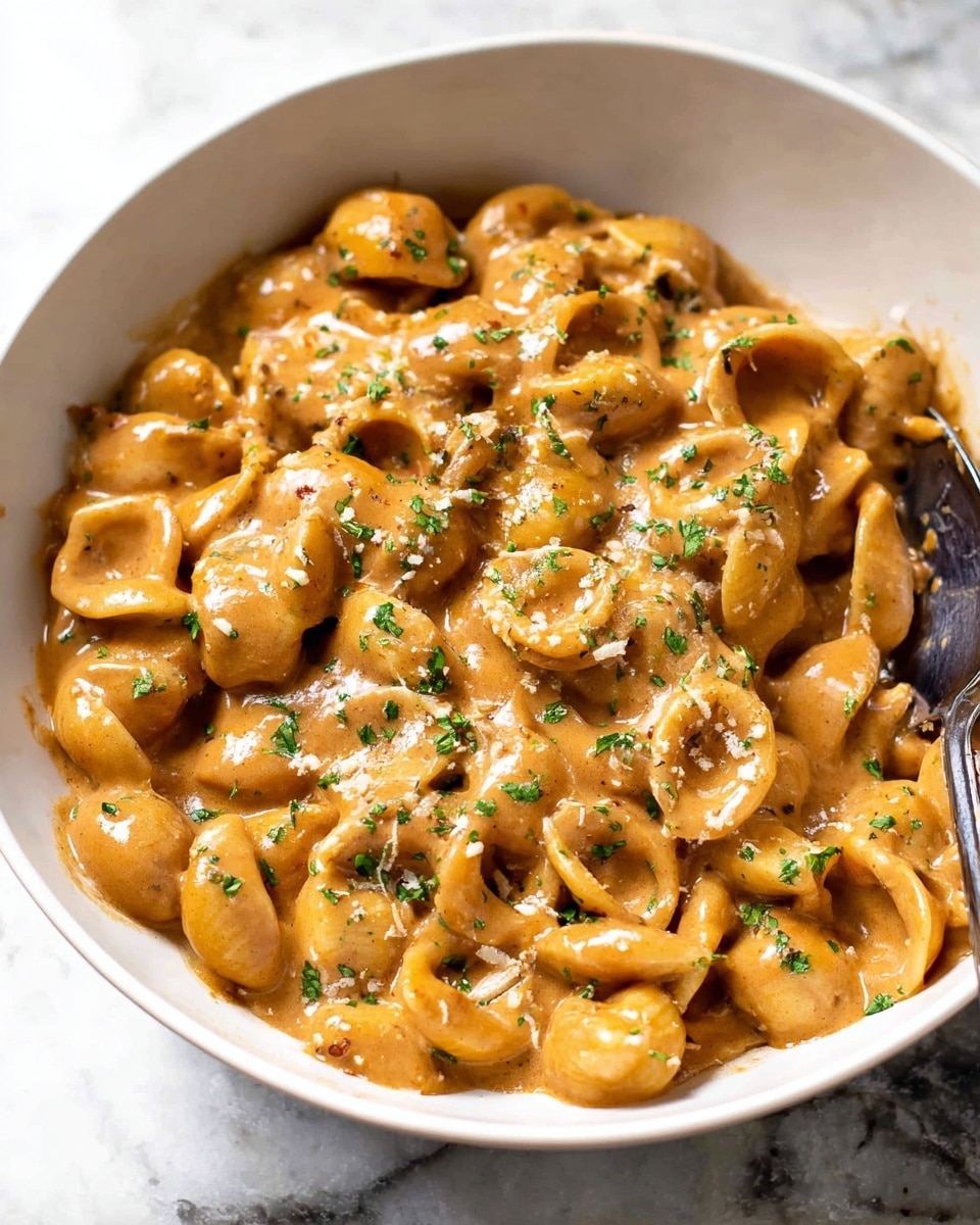 A white bowl filled with round, small pasta shells covered in a thick creamy brown sauce. The sauce has a smooth texture and is speckled with black pepper and small green herb bits scattered evenly across the top. A shiny metal spoon is partly submerged on the right side of the bowl, mixing the pasta and sauce. The bowl is placed on a white marbled texture surface that is partially visible around the edges. photo taken with an iphone --ar 4:5 --v 7