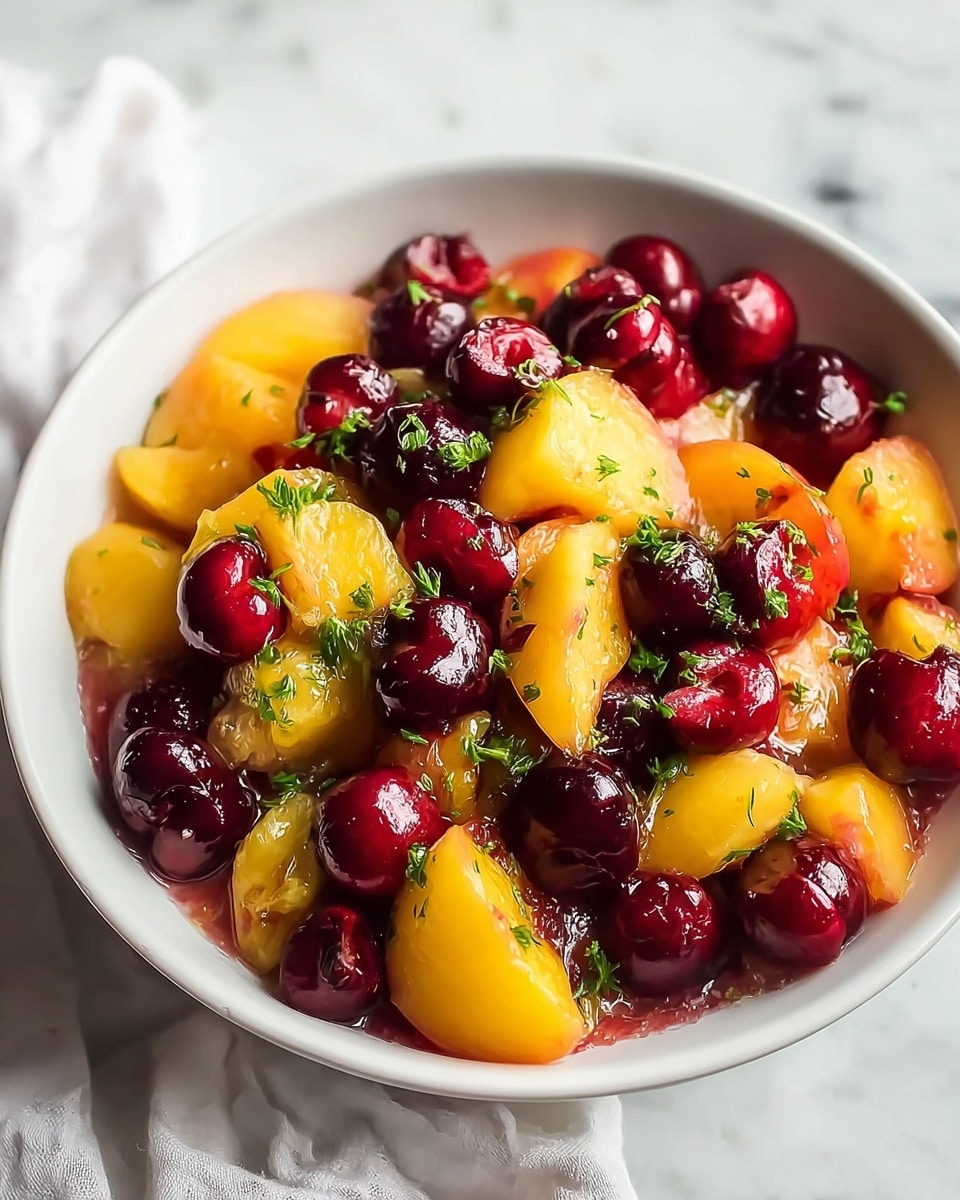 A white bowl filled with a colorful mix of fruit salad, showing at least two layers: the bottom layer is a red and slightly shiny liquid, likely juice, and the top layer is made up of chunks of yellow peach and whole and halved deep red cherries, mixed with small green herb pieces scattered throughout. The fruits look fresh and juicy, some with a smooth, shiny texture, sitting on a white marbled surface with a soft white cloth partially under the bowl. Photo taken with an iphone --ar 4:5 --v 7