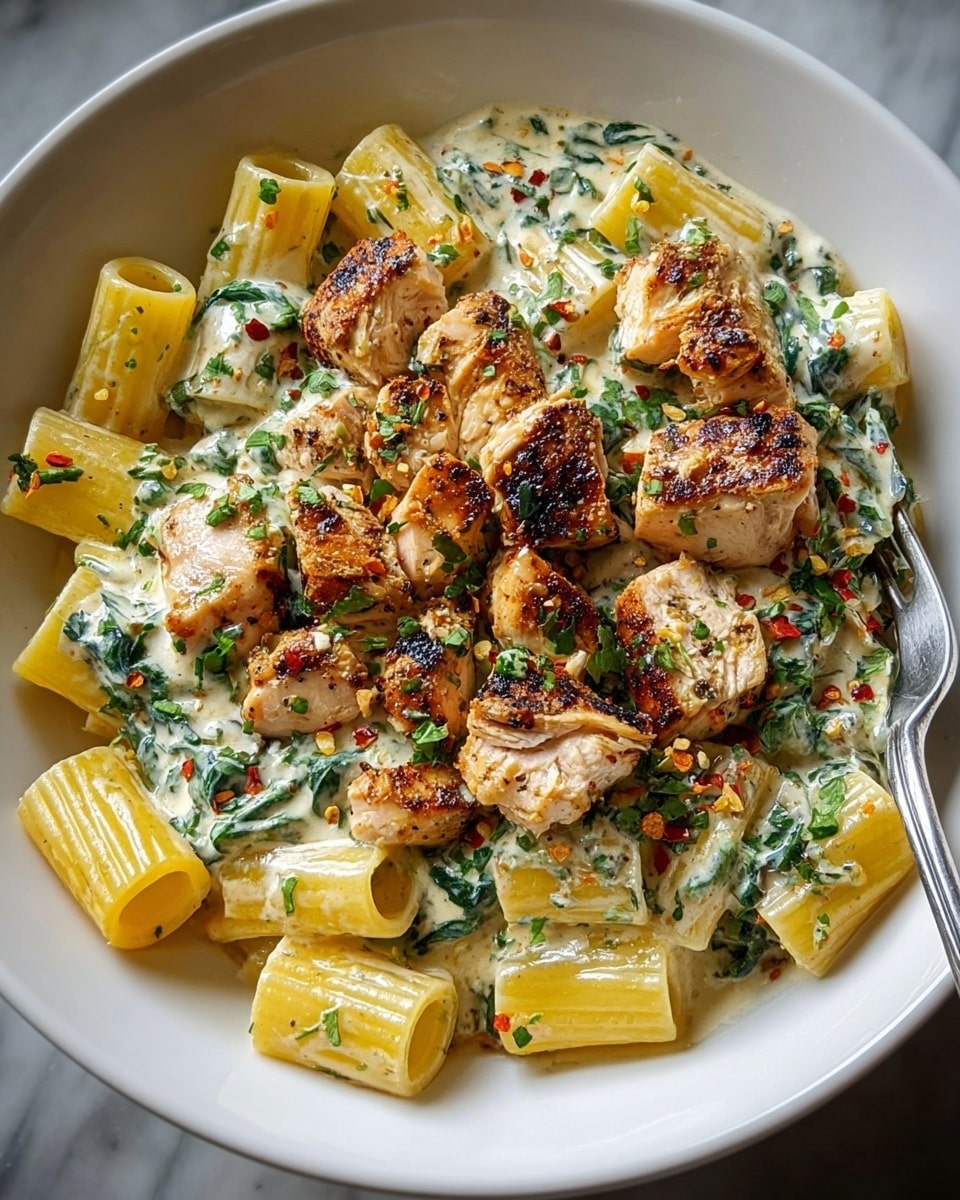 A white bowl filled with large rigatoni pasta coated in a creamy white sauce speckled with green herbs and bits of leafy spinach, mixed evenly throughout. On top, there are several pieces of golden-brown grilled chicken with a slightly charred crust, scattered in a casual but balanced way. The sauce looks rich and thick, clinging to the pasta and chicken. Small red pepper flakes and grated cheese are sprinkled over the dish, adding pops of color and texture. A silver fork rests on the right edge of the bowl. The background is a white marbled texture. photo taken with an iphone --ar 4:5 --v 7