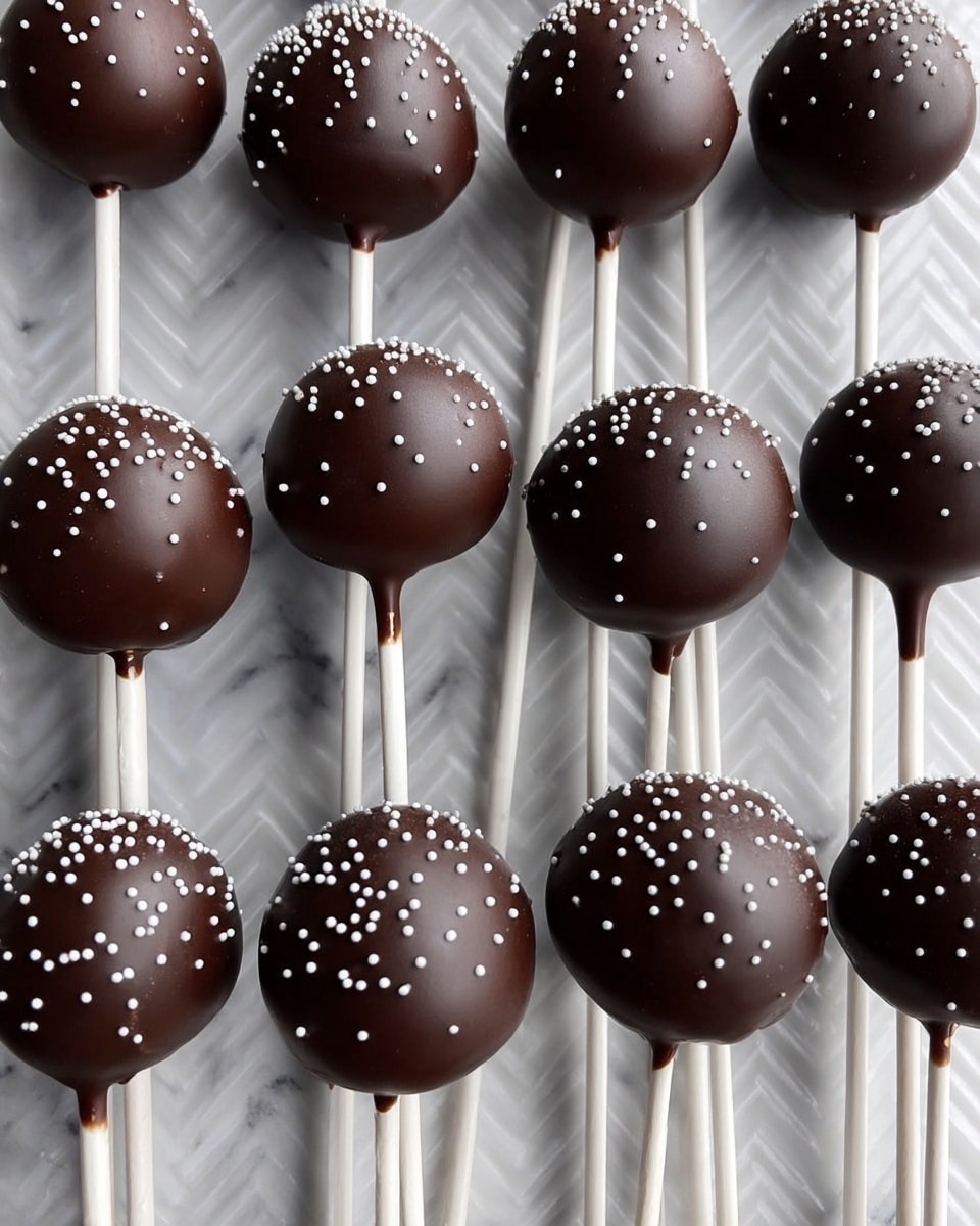 The image shows a group of smooth, round chocolate cake pops covered in dark chocolate with small white round sprinkles scattered evenly over the surface. Each cake pop is held by a white stick and arranged neatly in rows on a textured white marbled surface, creating a pleasing pattern with their shiny, rich brown coating contrasting against the tiny white dots. The cake pops seem glossy, uniform in size, and consistently coated, making the scene look clean and inviting. photo taken with an iphone --ar 4:5 --v 7