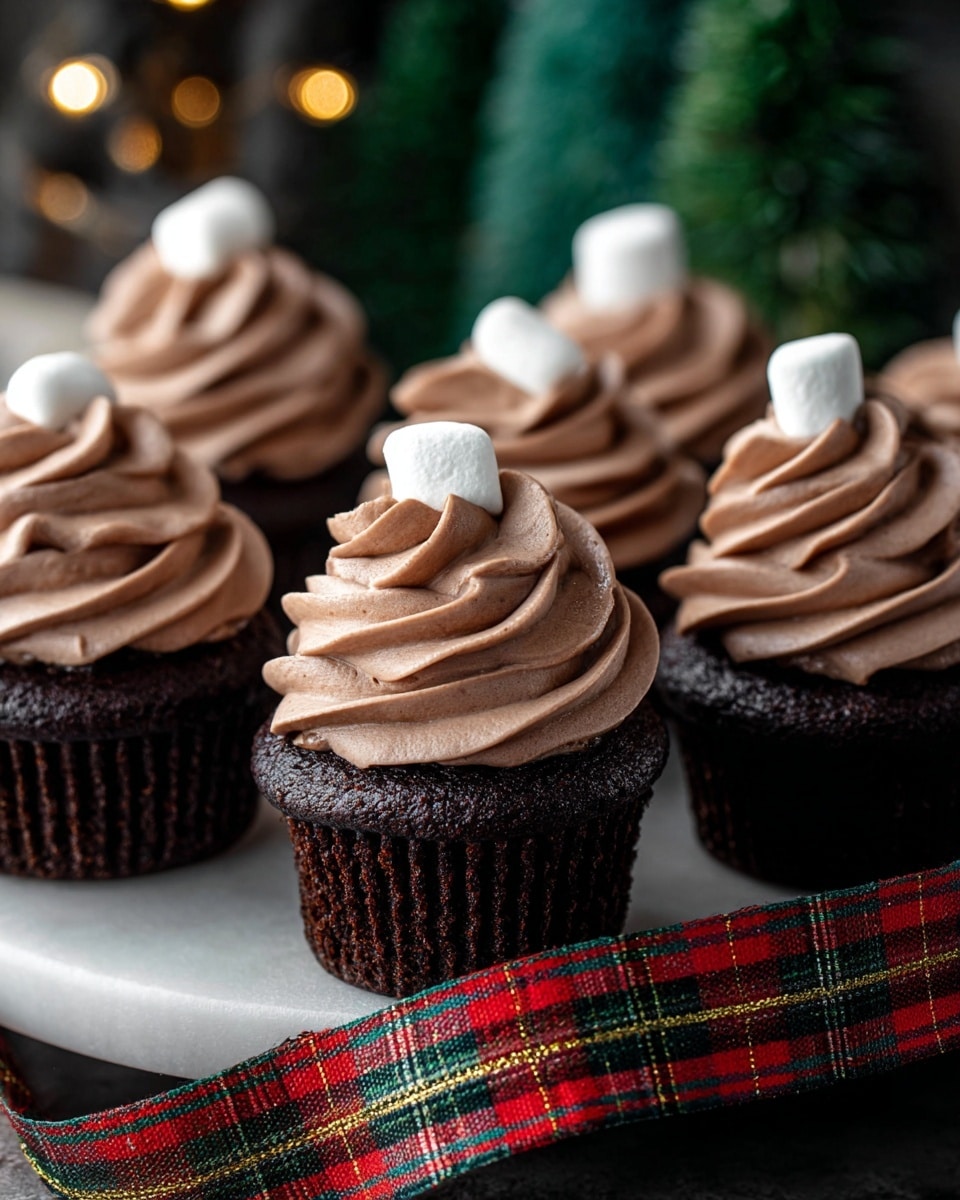 The image shows a close-up of five chocolate cupcakes arranged in a group. Each cupcake has a rich, dark brown chocolate base in a black paper liner. On top, there is a tall swirl of creamy, smooth chocolate frosting with soft peaks, about three layers of swirls, richly textured and shiny. Each frosting swirl is topped with a single small white marshmallow. The cupcakes sit on a white plate with a red and green plaid ribbon placed casually in the front. The background includes blurred warm yellow lights and green tones, suggesting a festive atmosphere, all set on a white marbled texture. Photo taken with an iphone --ar 4:5 --v 7