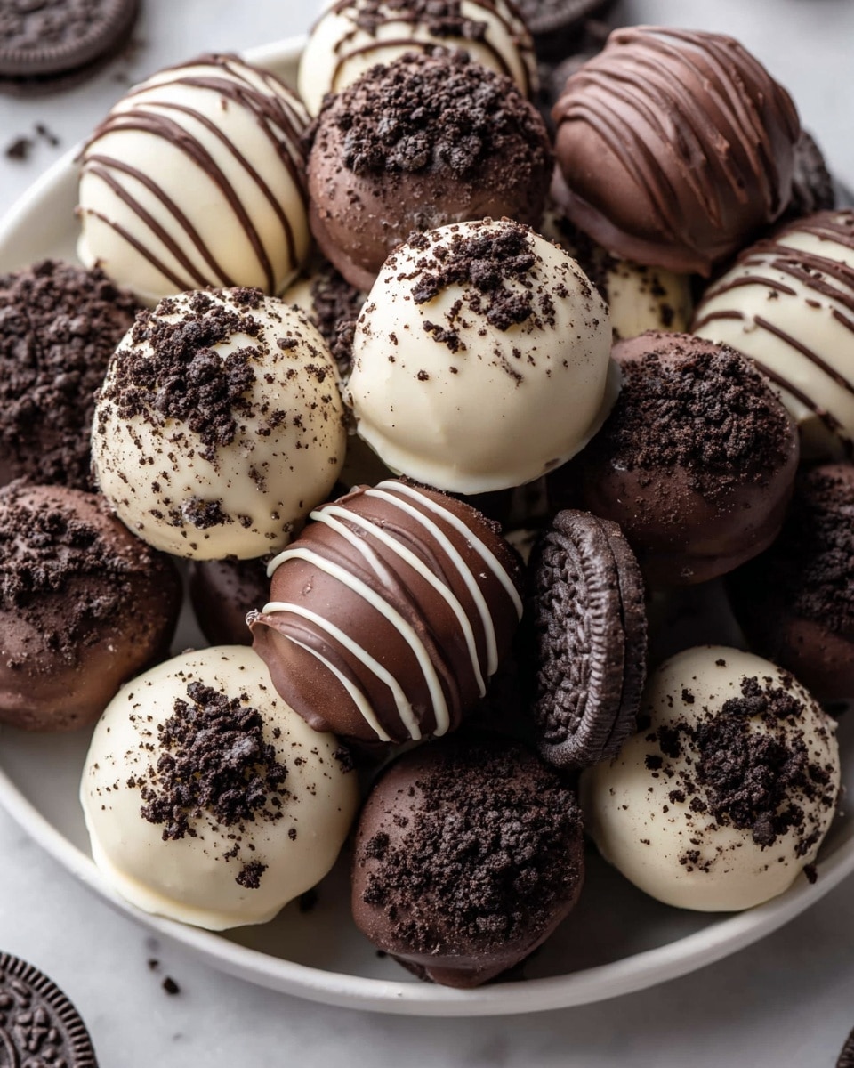 A close-up view of round Oreo truffles placed tightly together in a white speckled bowl on a white marbled surface. The truffles have two main layers: a smooth outer coating and a crumbly topping. Some truffles have a creamy white chocolate coating with dark chocolate drizzle lines and crushed Oreo bits on top, while others have a rich dark chocolate coating with similar darker drizzle lines and Oreo crumbs. The truffles are shiny with a slightly rough texture from the crumbs, and some whole Oreo cookies are partially visible underneath, providing a black-and-white patterned base. photo taken with an iphone --ar 4:5 --v 7