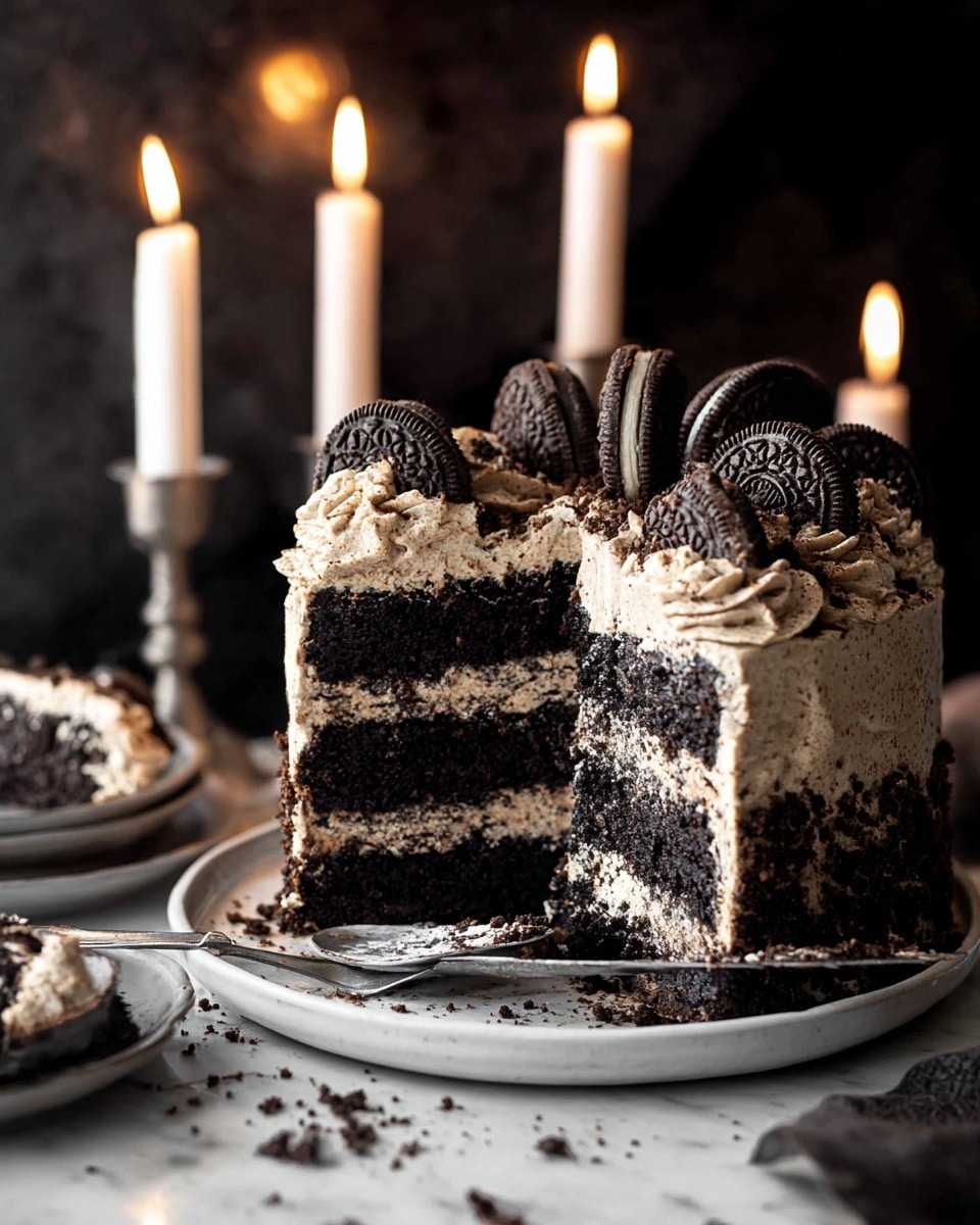 A slice of dark chocolate cake with three thick, moist black layers separated by light brown creamy frosting is placed on a white plate. The cake is topped with swirls of the same light brown frosting and whole chocolate sandwich cookies standing upright around the edges. Crumbled cookie pieces are scattered around the base of the slice and on the plate. A silver cake server lies in front of the slice. In the background, more candles flicker with soft light against a dark blurred backdrop. Photo taken with an iphone --ar 4:5 --v 7