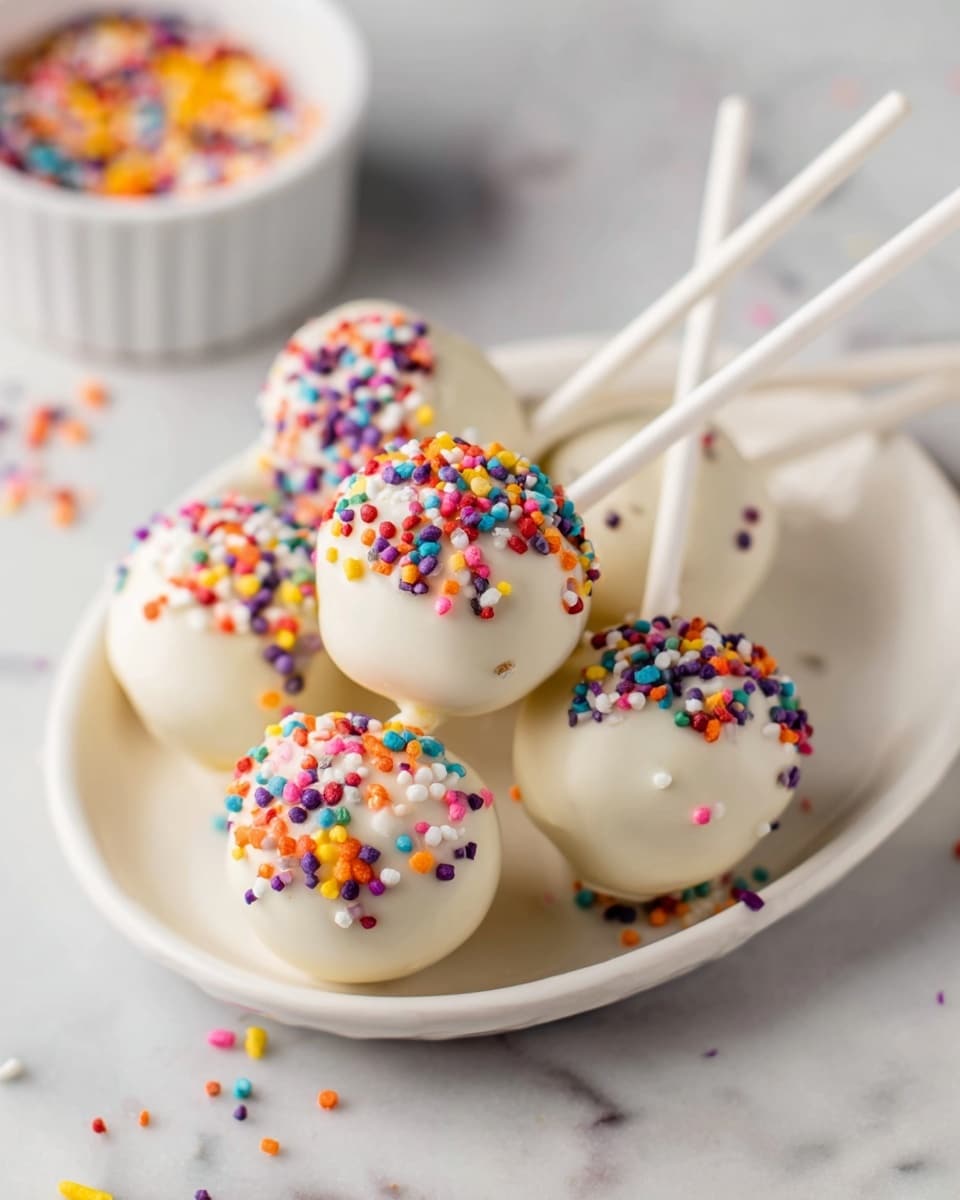 The image shows six round cake pops coated in smooth white chocolate, each covered with colorful rainbow sprinkles mainly on one side. The cake pops are arranged on a white speckled plate, with white sticks extending outward, lying on a white marbled surface. In the blurred background, there is a round white bowl filled with more rainbow sprinkles. Some sprinkles are scattered on the marbled surface around the plate. photo taken with an iphone --ar 4:5 --v 7