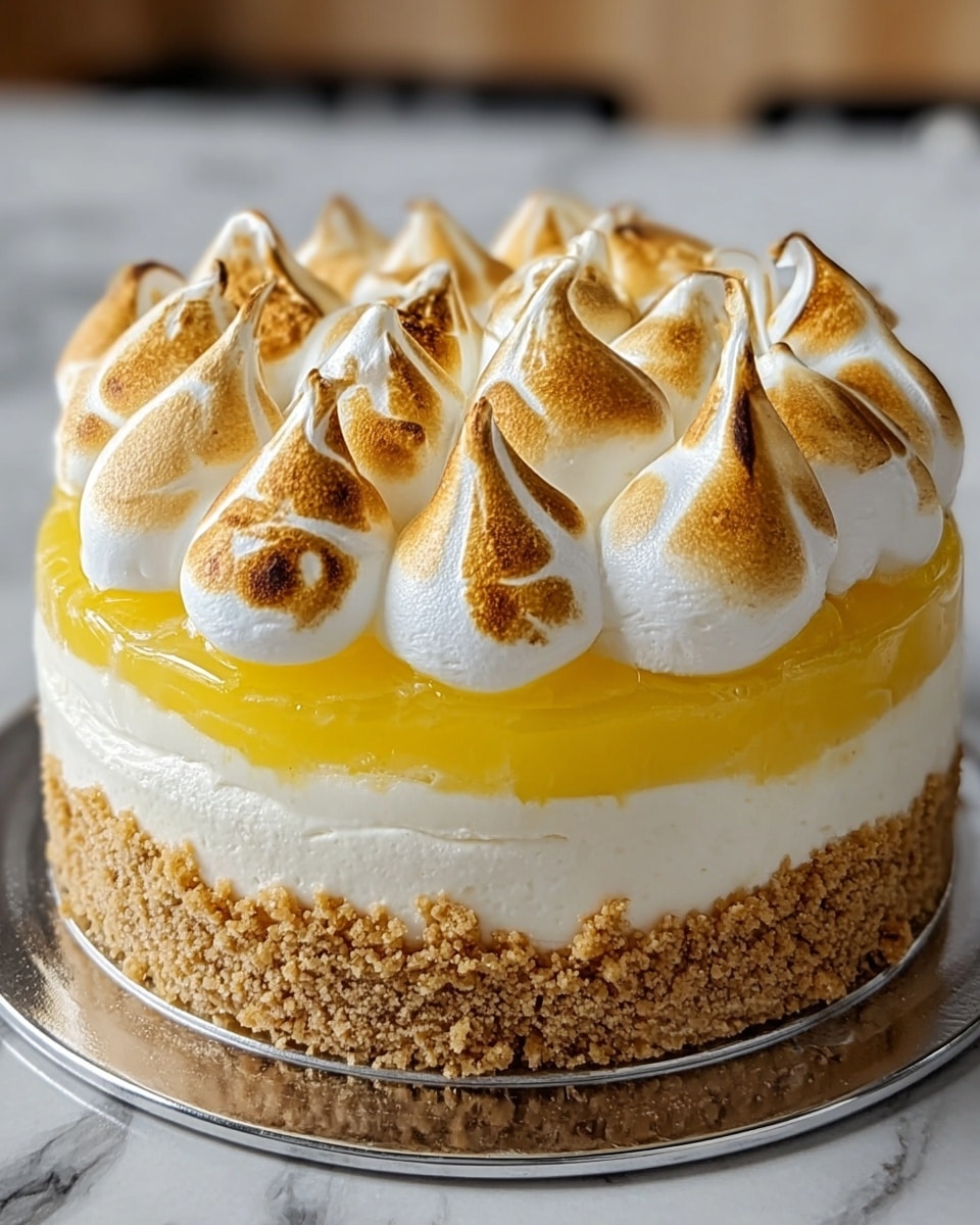 A three-layer round dessert with a crumbly light brown base, a thick middle layer of smooth white cream, and a shiny yellow translucent layer on top. The top is decorated with large dollops of white meringue, each having a golden brown toasted finish on the tips, giving a fiery look. This cake sits on a silver board on a white marbled textured surface. Photo taken with an iphone --ar 4:5 --v 7