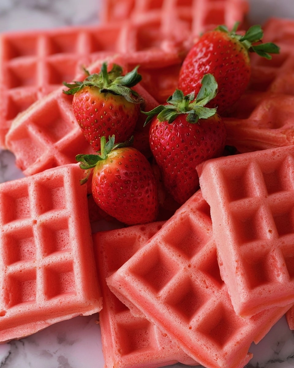 The image shows several bright pink waffles stacked closely on a white marbled surface, creating an irregular layer with some waffles slightly overlapping others. Among the waffles, there are five fresh strawberries with vivid red color and green leaves, placed centrally and on top, adding a fresh contrast to the pink waffles. The texture of the waffles is smooth with deep square pockets typical of waffles, and one piece has a bite taken out of the corner, showing a soft interior. The strawberries look shiny and ripe with detailed seeds visible. Photo taken with an iphone --ar 4:5 --v 7