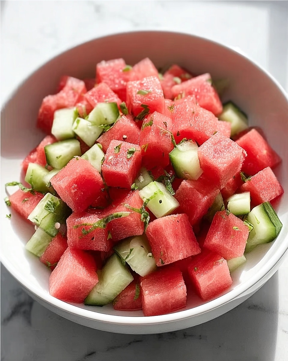 A white bowl filled with small cubes of bright pink watermelon and light green cucumber pieces mixed evenly. The watermelon cubes are juicy and smooth, while the cucumber pieces show fresh green skin with pale insides. Small bits of green herbs are scattered lightly on top, adding a touch of color contrast. The bowl stands on a white marbled surface with a soft gray cloth partially visible under it. The image is clear and fresh, showing the natural textures and colors of the fruit and vegetables. photo taken with an iphone --ar 4:5 --v 7
