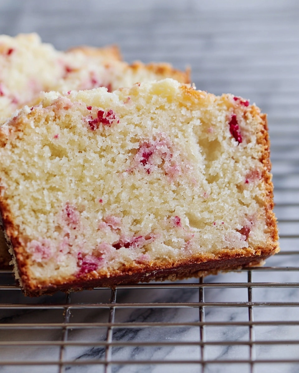 A close-up view of a slice of crumbly cake showing two layers: the lower layer is a golden-brown crust with a slightly crisp texture, and the main thicker layer is soft and light yellow with small red fruit pieces evenly spread throughout. The crumb is moist with a few small air holes and a slightly rough texture with bits of sugar visible. The slice rests on a silver cooling rack with a white marbled surface in the background. Photo taken with an iphone --ar 4:5 --v 7