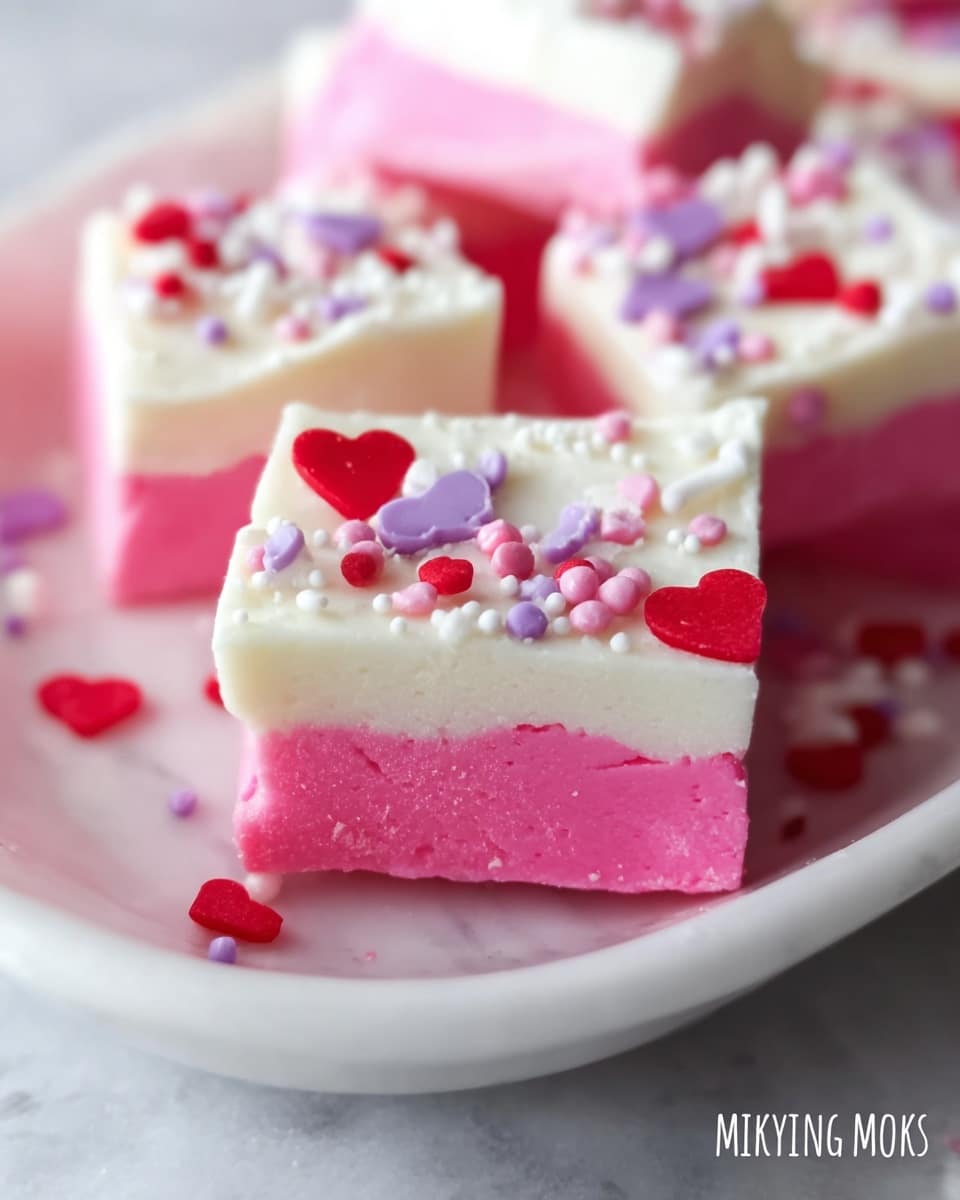 A close-up of small square treats featuring two distinct layers: the bottom layer is bright pink with a textured, slightly ridged surface, while the top layer is smooth and creamy white. The white layer is decorated with small, round sprinkles in red, white, pink, and purple colors, scattered evenly on top. One piece in the foreground shows a bite taken out, revealing the vibrant pink inside. The pieces rest on a white plate against a white marbled background. photo taken with an iphone --ar 4:5 --v 7