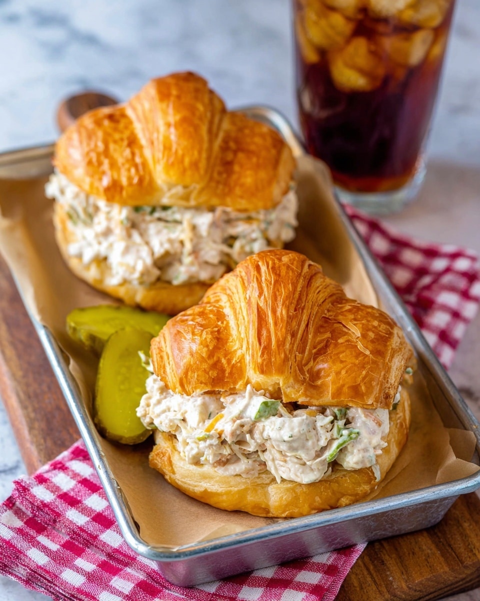 The image shows two croissant sandwiches placed side by side in a silver metal tray lined with brown parchment paper. Each sandwich has a golden-brown, flaky croissant top and bottom layer with a thick, creamy chicken salad filling between them. The chicken salad is white with small pieces of green celery or pickles mixed in, giving texture and color contrast. There is also a green pickle slice tucked on the side of the top sandwich. The tray rests on a wooden cutting board with a red and white checkered cloth underneath. In the background, there is a glass of iced tea with visible ice cubes. The setting features a white marbled texture surface. photo taken with an iphone --ar 4:5 --v 7