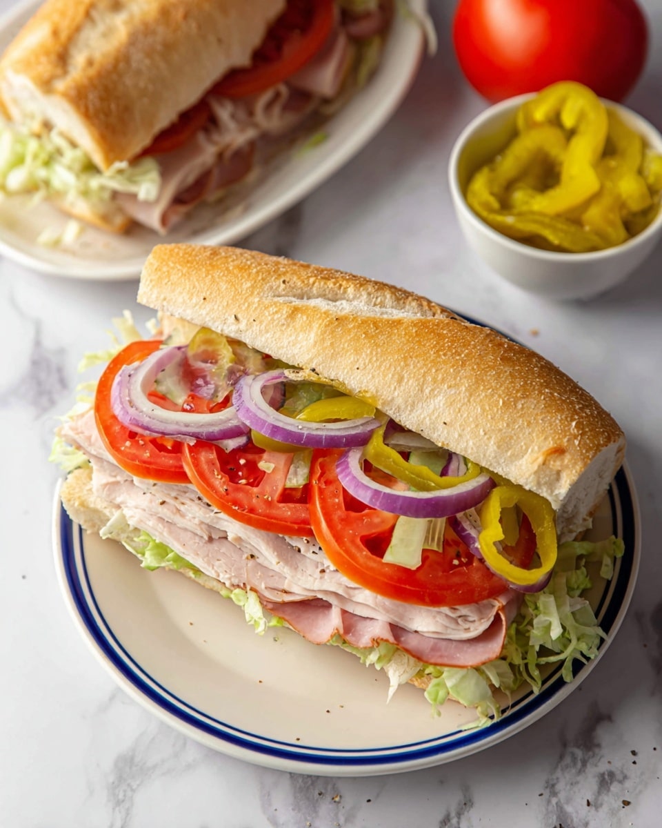 The image shows a sandwich on a white plate with a blue rim, placed on a white marbled surface. The sandwich has three main layers inside a soft, light brown hoagie roll; the bottom layer is light pink turkey slices, the middle layer is bright red tomato slices, and the top layer consists of shredded light green lettuce, thin rings of purple onion, and yellow pepper slices. Black pepper is sprinkled over the layers adding texture. In the background, there is another sandwich partially visible on a similar white plate with a blue rim, and a small white bowl filled with yellow pepper slices. A whole red tomato and a cut purple onion sit beside the bowl. photo taken with an iphone --ar 4:5 --v 7