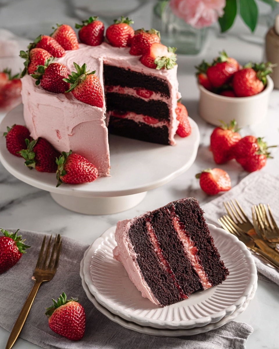 A round three-layer chocolate cake sits on a white speckled plate, covered with thick, light pink frosting that has a creamy, slightly rough texture. Fresh whole strawberries are placed on top and around the side of the cake, adding bright red spots with green leaves. A slice of the cake is cut out and placed on a white fluted plate in front, showing the dark chocolate layers separated by thin layers of red strawberry jam and light pink frosting. Around the plates, whole and halved fresh strawberries are scattered on a white marbled surface, with a few gold forks wrapped in a grey cloth napkin nearby. Photo taken with an iphone --ar 4:5 --v 7