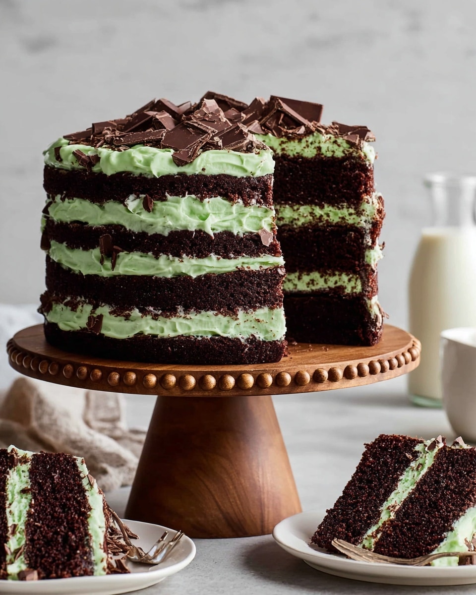A three-layer chocolate cake stands on a wooden cake stand with round beads along the edge, placed on a white marbled surface. The cake layers are dark chocolate, separated by two thick layers of light green mint frosting with small dark bits in it. The outside of the cake is covered evenly with the same green frosting, which has a textured, slightly ridged look. On the top of the cake, there are many chunks of dark chocolate. Two slices of cake are cut and placed in front, each showing the same dark chocolate layers and green frosting inside. A glass bottle and a cup of milk sit blurred in the background. photo taken with an iphone --ar 4:5 --v 7