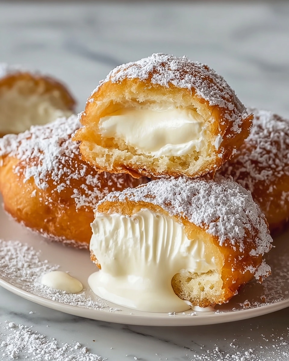The image shows four round cream puffs on a white plate, each puff covered with a light dusting of white powdered sugar. The cream puffs have a golden-brown, slightly crispy outer layer, and inside, there is a smooth, creamy pale yellow vanilla filling that looks soft and rich. Two of the cream puffs are cut open, revealing the thick cream oozing out slightly. The plate is placed on a white marbled surface. photo taken with an iphone --ar 4:5 --v 7