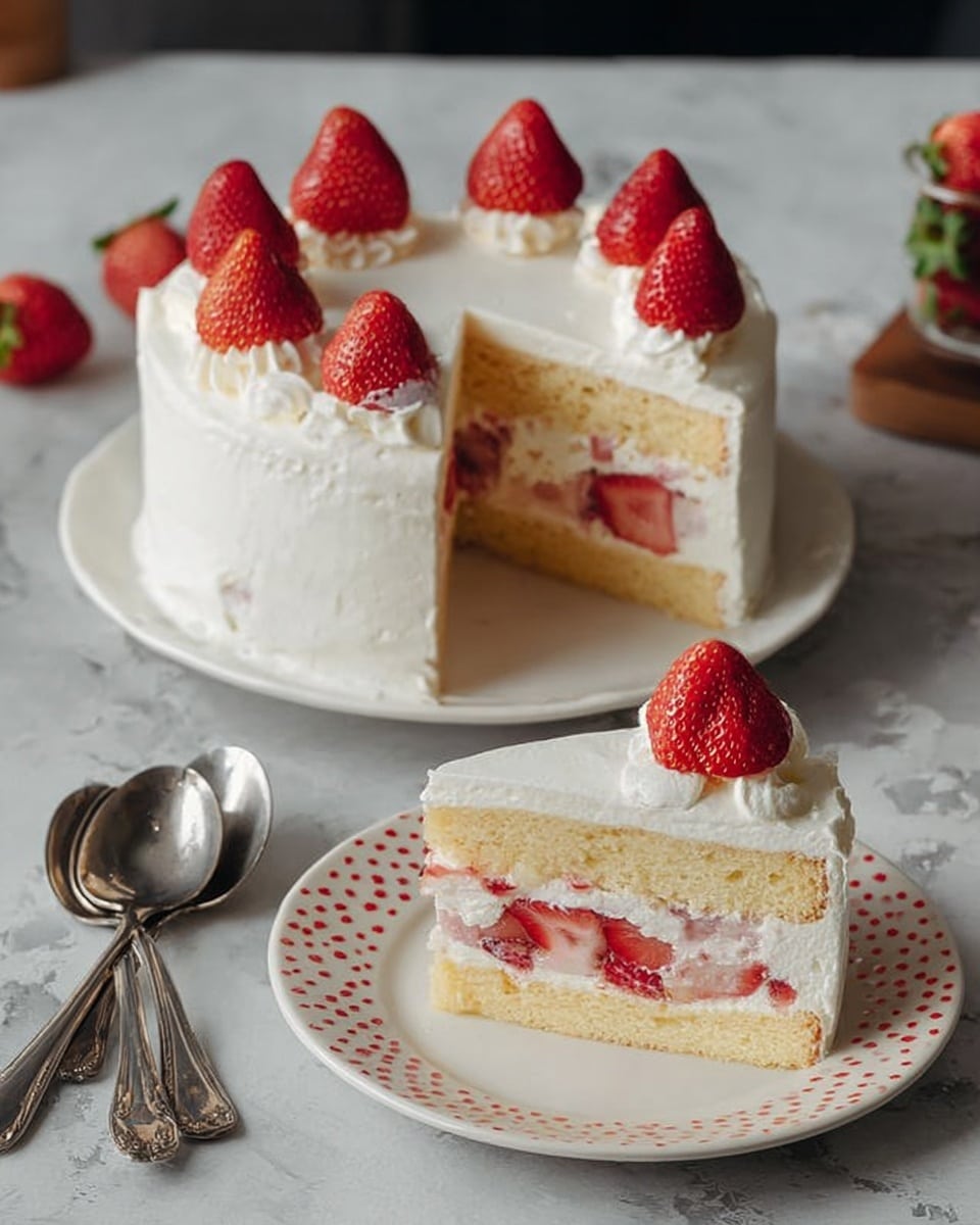 The image shows a white two-layer cake with thick white cream frosting, topped with six whole red strawberries evenly placed around the top edge. One slice is cut out and laid on a white plate with red speckles; the slice reveals the inside with two pale yellow sponge cake layers sandwiching a thick layer of white cream mixed with pieces of red strawberries. The cake sits on a white cake stand with a black base, placed on a gray table with a white marbled texture. Around the cake are three vintage dark spoons, a small white container with a wooden lid, two clear glasses with water, and a crumpled gray and white striped cloth in the background. Photo taken with an iphone --ar 4:5 --v 7