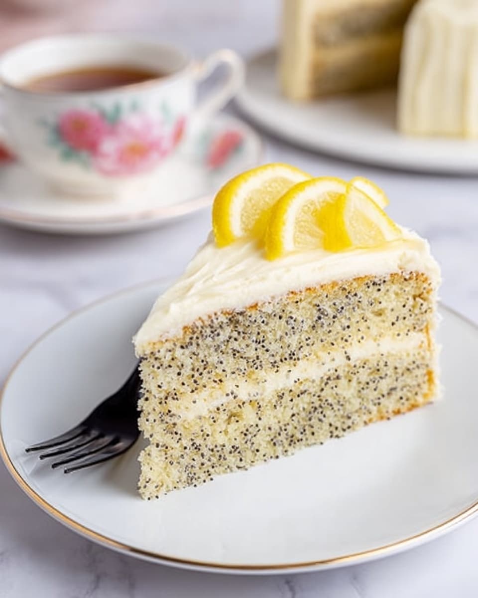 A two-layer cake slice with light beige sponge filled with many black poppy seeds, separated by a smooth, off-white cream filling. The top layer is covered with thick creamy frosting, decorated with small swirls of cream and two small yellow lemon wedges on the edge. The cake sits on a white plate with a thin gold rim, placed on a white marbled surface. In the background, a white plate and a cup with pink floral patterns are visible. Photo taken with an iphone --ar 4:5 --v 7