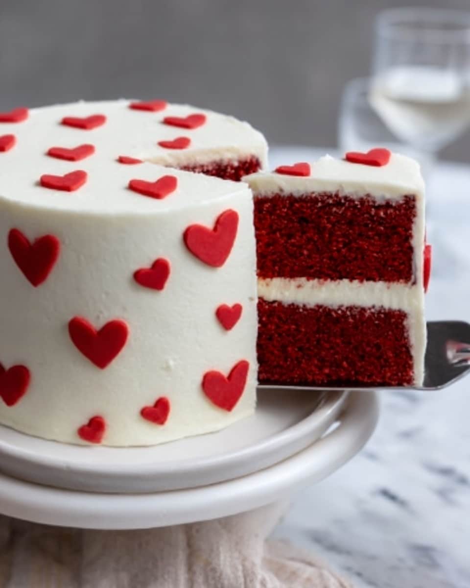A white frosted cake decorated with small red heart shapes covering the outside surface. The cake is cut to show two thick layers of deep red sponge separated by a smooth white cream layer. The texture of the red sponge looks soft and moist, while the cream frosting appears smooth and even. The cake sits on a white plate, with a woman's hand holding a silver cake server to lift the slice. The background is a white marbled surface with blurred objects in soft focus. Photo taken with an iphone --ar 4:5 --v 7