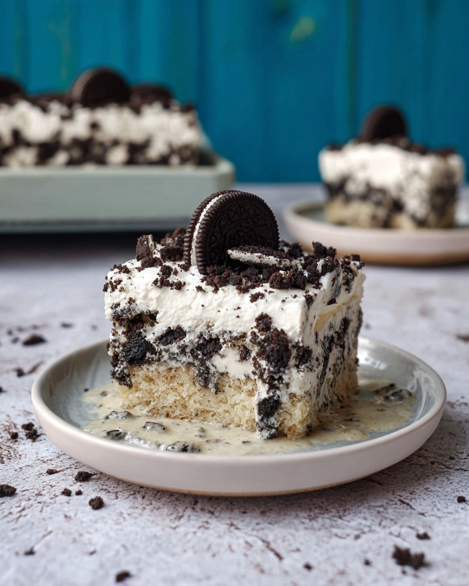 A slice of creamy cookies and cream cake is placed on a white plate with a slight texture, sitting on a white marbled textured surface. The cake has two main layers: the bottom layer is dense and speckled with crushed dark cookie bits in a light beige cake base, and the top layer is thick white whipped cream with a slightly fluffy texture. The top of the cake slice is decorated with a full dark chocolate sandwich cookie and a few crumbled cookie pieces scattered around. A light cream sauce is pooling slightly around the base of the cake on the plate. The background is softly blurred but shows more cake pieces and a green plant on the right side. Photo taken with an iphone --ar 4:5 --v 7