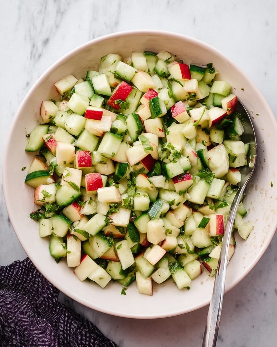 A white bowl filled with a fresh salad made of small cubes of green cucumber and red-skinned apple mixed together, garnished with bright green parsley leaves scattered on top. The salad pieces have a crisp, juicy texture, and the colors contrast nicely with the pale bowl. A silver spoon rests inside the bowl on the right side. The bowl sits on a white marbled surface with a soft cloth partially visible at the bottom left corner. photo taken with an iphone --ar 4:5 --v 7