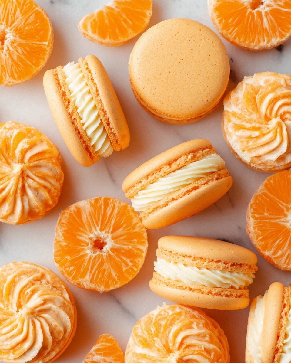 The image shows several orange macarons arranged on a white marbled surface, some with their top shells removed to reveal a layer of thick, creamy white filling inside. The macarons have a smooth, slightly glossy orange shell with a delicate texture, and the creamy filling is piped in small star-shaped patterns. Scattered among the macarons are fresh orange slices, showing their bright orange flesh and white center, adding a fresh, juicy contrast to the smooth texture of the macarons. photo taken with an iphone --ar 4:5 --v 7