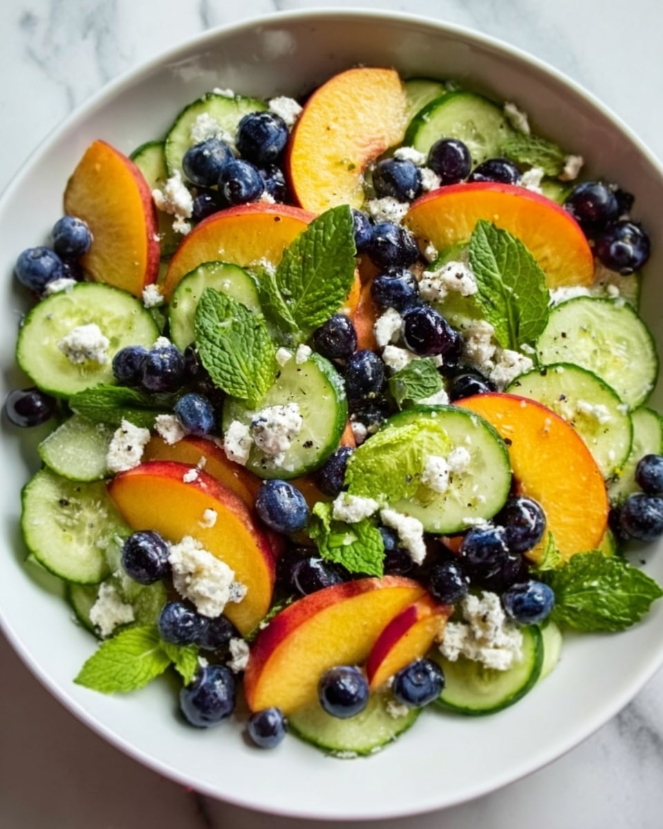 A white bowl filled with a colorful fruit and vegetable salad, consisting of bright yellow and orange peach slices arranged in layers at the top and sides, dark blue blueberries scattered generously throughout, and light green cucumber slices with visible seeds placed at the bottom and center. Small white crumbles of cheese are spread evenly on top, along with fresh green mint leaves adding a pop of green color. The textures range from soft fruit to crisp cucumber and crumbly cheese, all set on a white marbled surface. Photo taken with an iphone --ar 4:5 --v 7