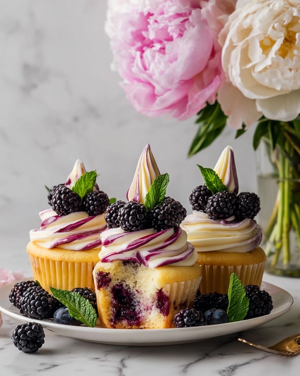 A white cupcake with visible soft yellow cake layers mixed with dark purple blackberry filling, topped with two layers of swirled white and purple cream frosting. On top, there is a tall, pointed cream decoration blending white and purple shades, surrounded by fresh blackberries and small green mint leaves. The cupcake sits on a white plate with scattered blackberries and mint leaves around it, all placed on a white marbled surface. In the background, there are more cupcakes with similar frosting and a blurred bouquet of white and pink flowers. photo taken with an iphone --ar 4:5 --v 7
