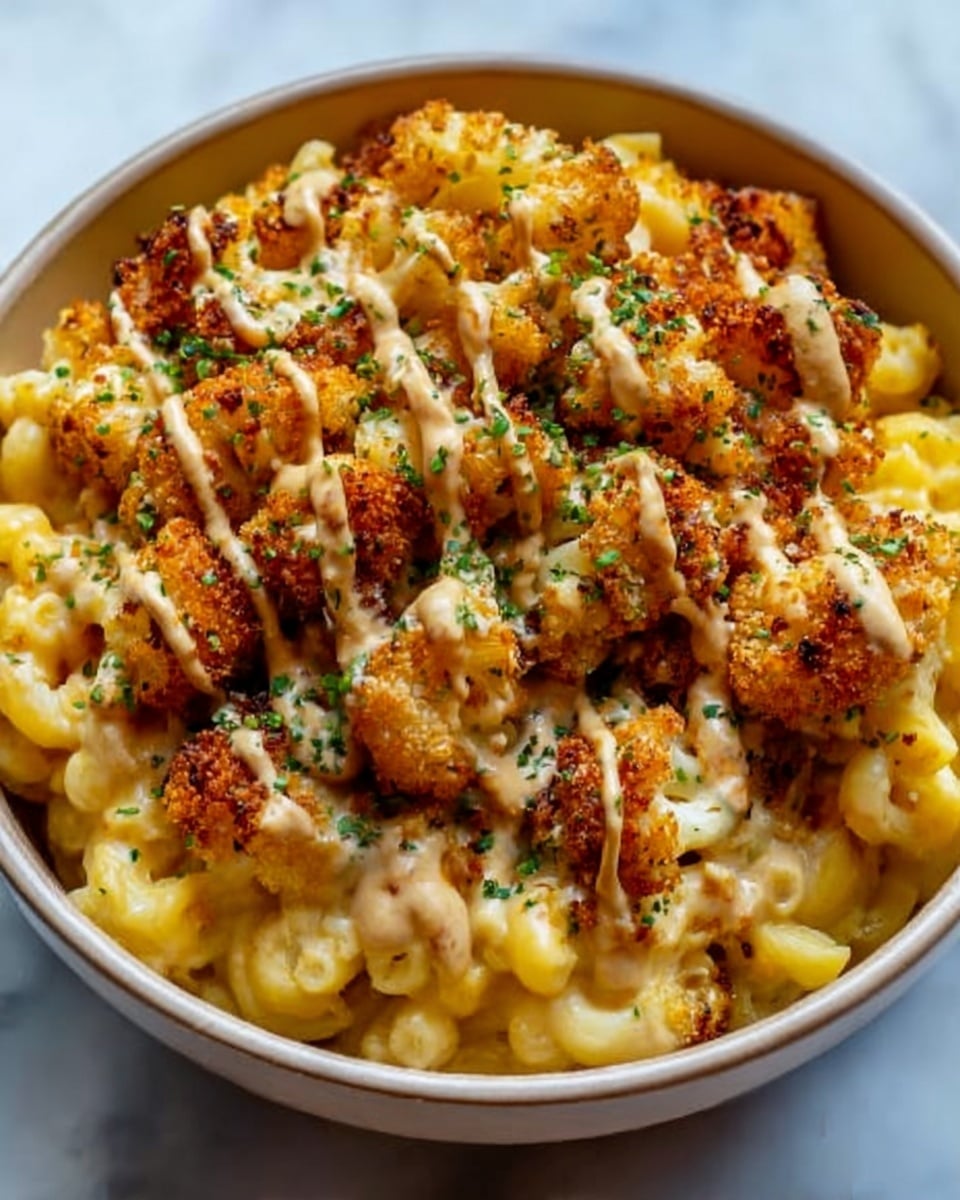 A white bowl filled with creamy macaroni and cheese, topped with a layer of golden-brown roasted cauliflower florets. The cheese sauce is smooth and shiny, coating the macaroni tightly, while the cauliflower has a crispy, slightly charred texture with some herbs sprinkled on top. The colors range from bright yellow-orange of the cheese to the warm brown of the roasted cauliflower, all set against a white marbled surface. Photo taken with an iphone --ar 4:5 --v 7