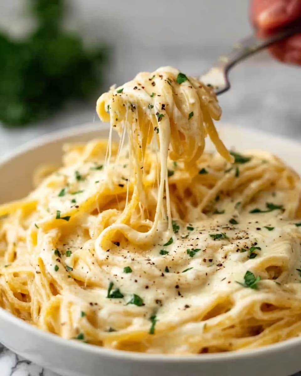 A white bowl filled with creamy fettuccine pasta, with a woman’s hand lifting a forkful of noodles covered in thick, melted cheese that stretches in long strings. The pasta is coated in a smooth, pale yellow cream sauce, sprinkled with small green parsley leaves and black pepper flakes. The bowl sits on a white marbled surface, highlighting the rich texture of the cheesy pasta. photo taken with an iphone --ar 4:5 --v 7