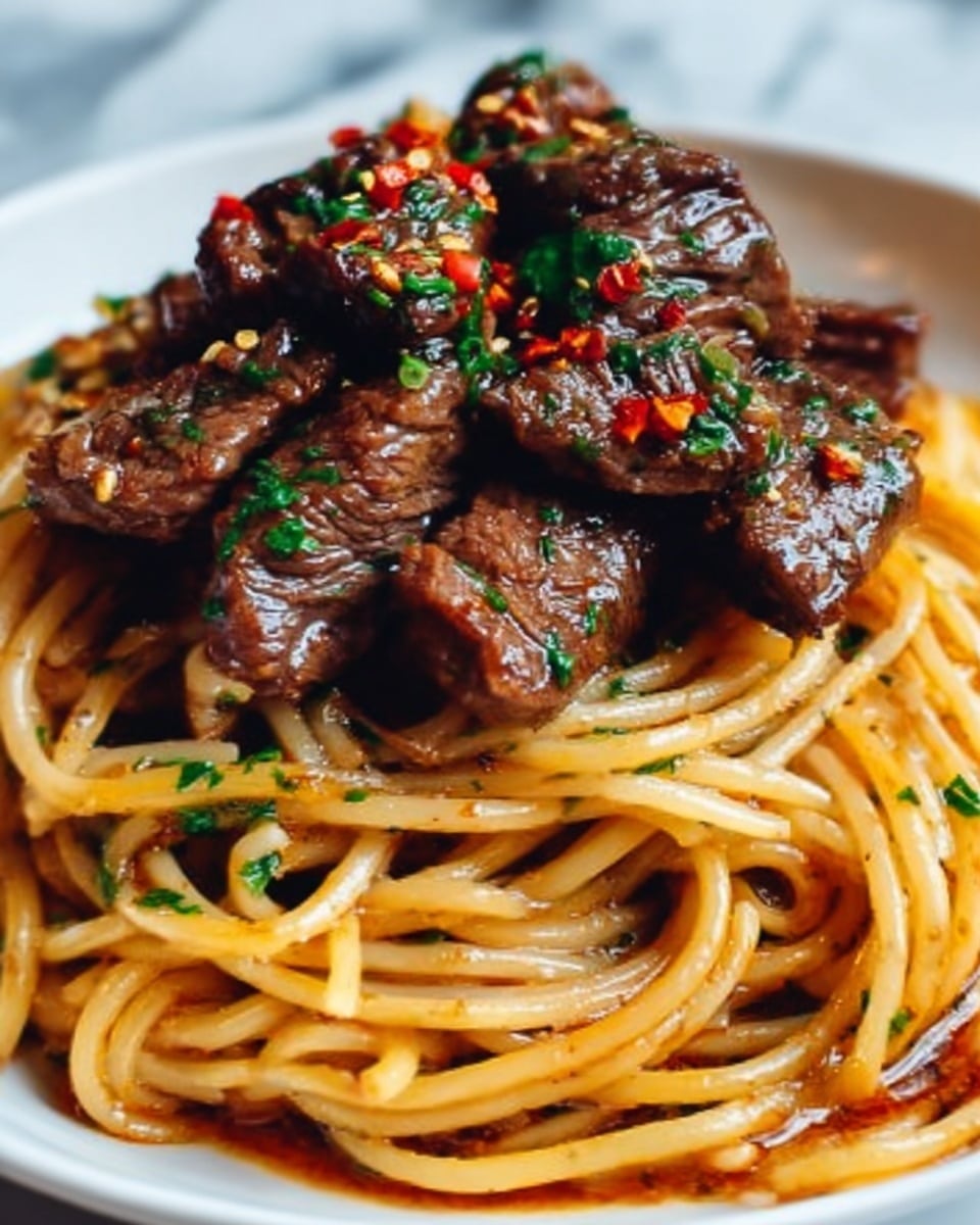 The image shows a close-up of a white plate filled with thick spaghetti pasta at the bottom layer, coated lightly in a glossy, reddish-brown sauce. On top of the pasta, there are several pieces of dark brown, grilled beef slices with a slightly shiny texture from the sauce. These beef pieces are sprinkled with finely chopped green herbs and small bits of red chili flakes, adding color and detail. The plate is set on a white marbled surface. Photo taken with an iphone --ar 4:5 --v 7