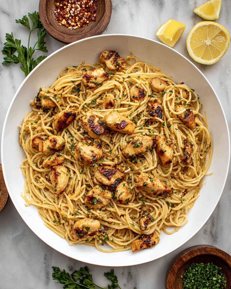 A large white plate filled with spaghetti pasta and pieces of grilled, browned chicken scattered evenly on top and mixed throughout. The spaghetti is light golden and slightly glossy, lightly coated in sauce, and sprinkled with small green parsley flakes. Around the plate on a white marbled surface are two lemon wedges, fresh parsley sprigs, a small white bowl of crushed red pepper flakes, a small white bowl of finely chopped herbs, and a small white bowl containing a chunky orange sauce. The setting includes a beige cloth partially visible at the bottom right. photo taken with an iphone --ar 4:5 --v 7