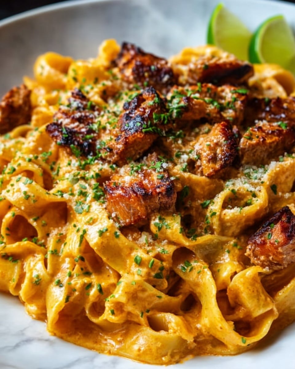 A close-up image of creamy pasta served in a white bowl, showing layers of wide, flat pasta noodles covered in a rich, orange-colored sauce with a smooth and slightly thick texture. There are pieces of grilled chicken on top, browned with crispy edges and scattered chopped green herbs adding a fresh touch. A slice of lime is placed at the back edge of the bowl. The dish is placed on a white marbled surface. photo taken with an iphone --ar 4:5 --v 7