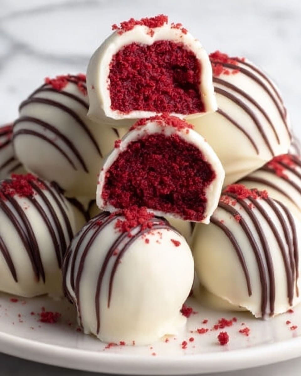 A white plate holds a pile of round cake balls covered in smooth white chocolate. Each ball is drizzled with thin lines of dark chocolate on top, creating a contrast. The balls sit on a few bright red crumb pieces scattered on the plate. One cake ball is cut open and placed on top, showing a deep red, moist inside. The background has a white marbled texture. Photo taken with an iphone --ar 4:5 --v 7